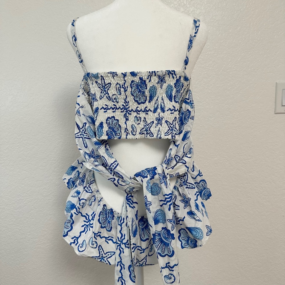 ON 34th Peplum Cami Top Womens XL Blue White Seashell Nautical Bow Coastal - Picture 6 of 8